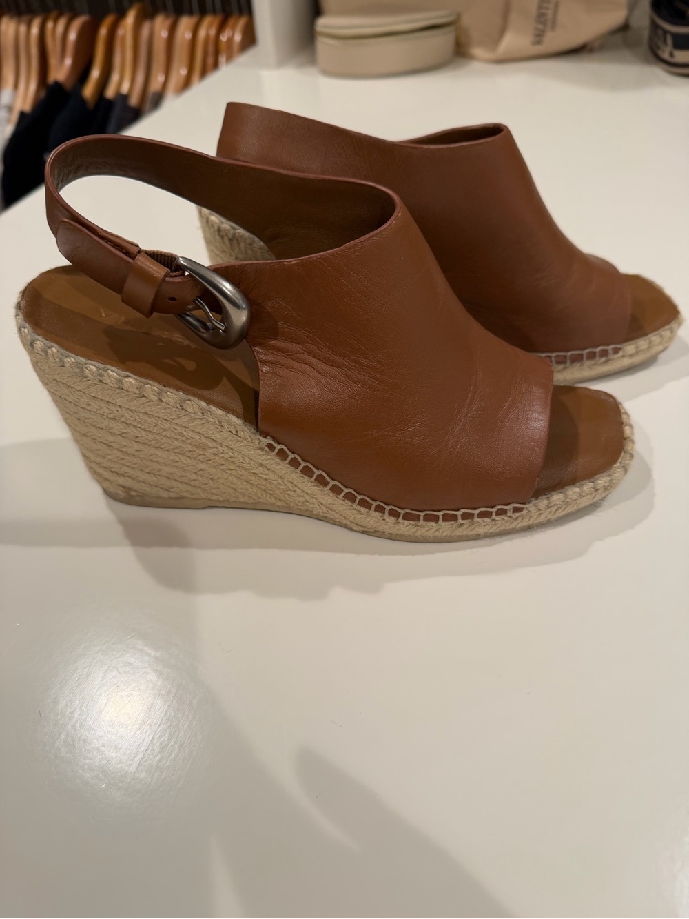 Vince Cognac Leather Espadrille Wedge Sandals